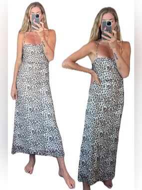 WAYF Leopard Print Ruched Adjustable Spaghetti Strap Maxi Dress Lined Mesh
